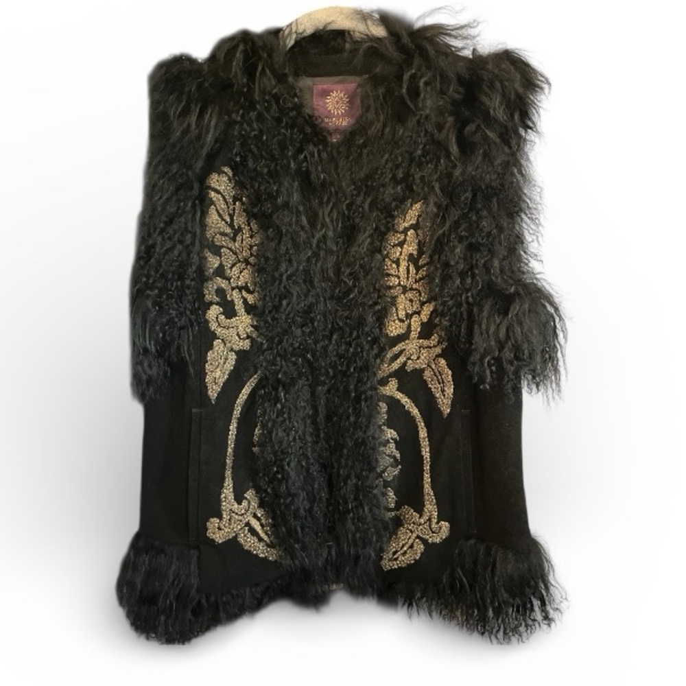Marchesa Voyage Black Mongolian Shearling Vest with Gold Embroidery